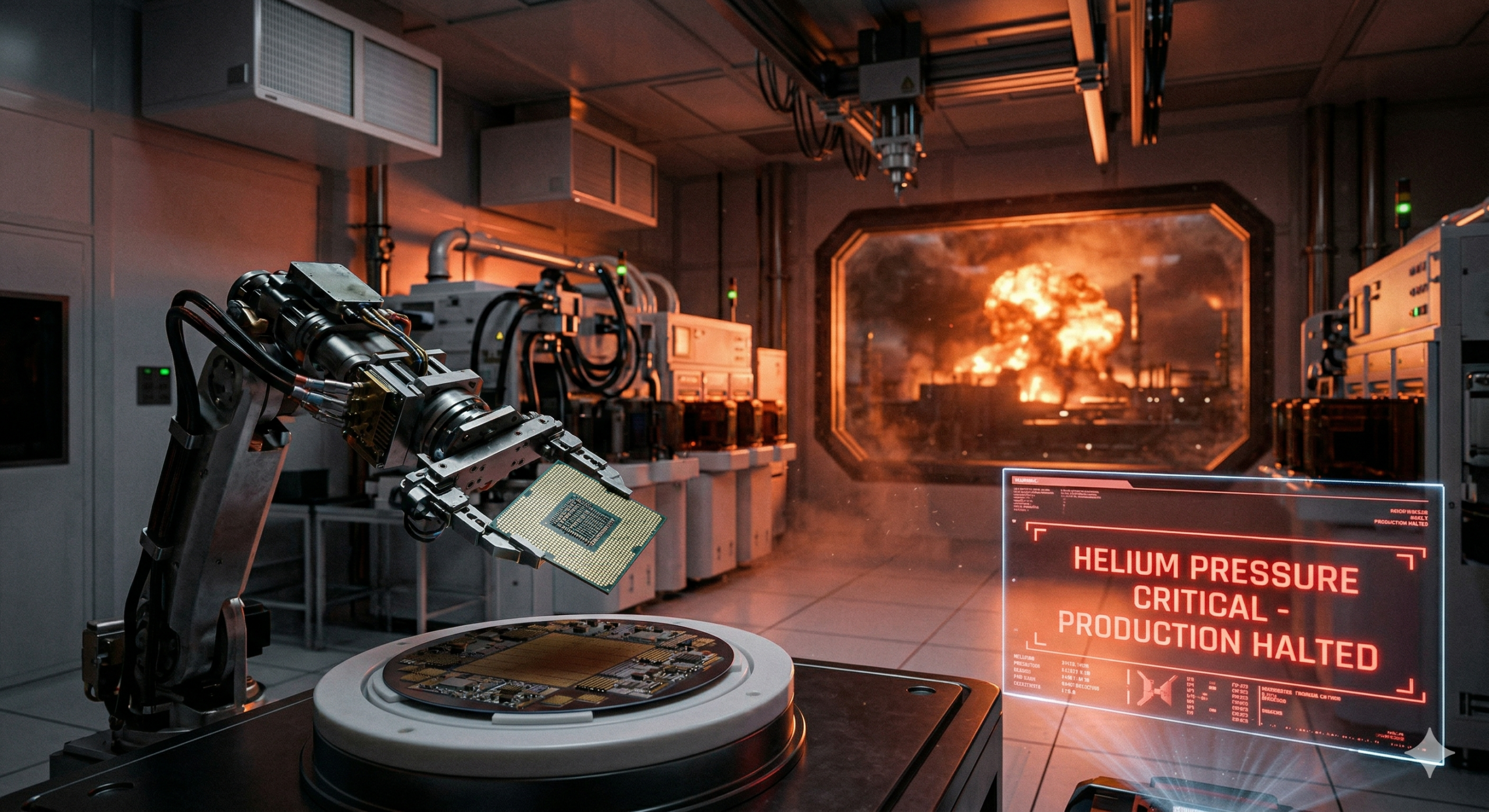 헬륨 공급 위기_첨단 반도체 클린룸 내부의 로봇 팔이 마이크로칩을 든 채 멈춰 있고, 창밖으로 먼 폭발의 화염이 보이며 전경의 홀로그램 디스플레이에는 'HELIUM PRESSURE CRITICAL - PRODUCTION HALTED'라는 붉은색 경고 문구가 떠 있는 시네마틱한 사진.