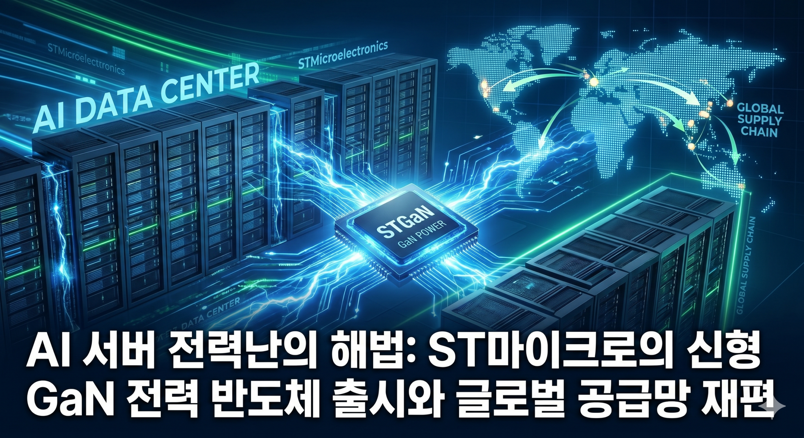 AI 서버의 전력 효율을 혁신할 ST마이크로의 신형 GaN 전력 반도체 칩이 서버 랙에 통합된 모습. 글로벌 공급망 재편의 중요성을 시사합니다.