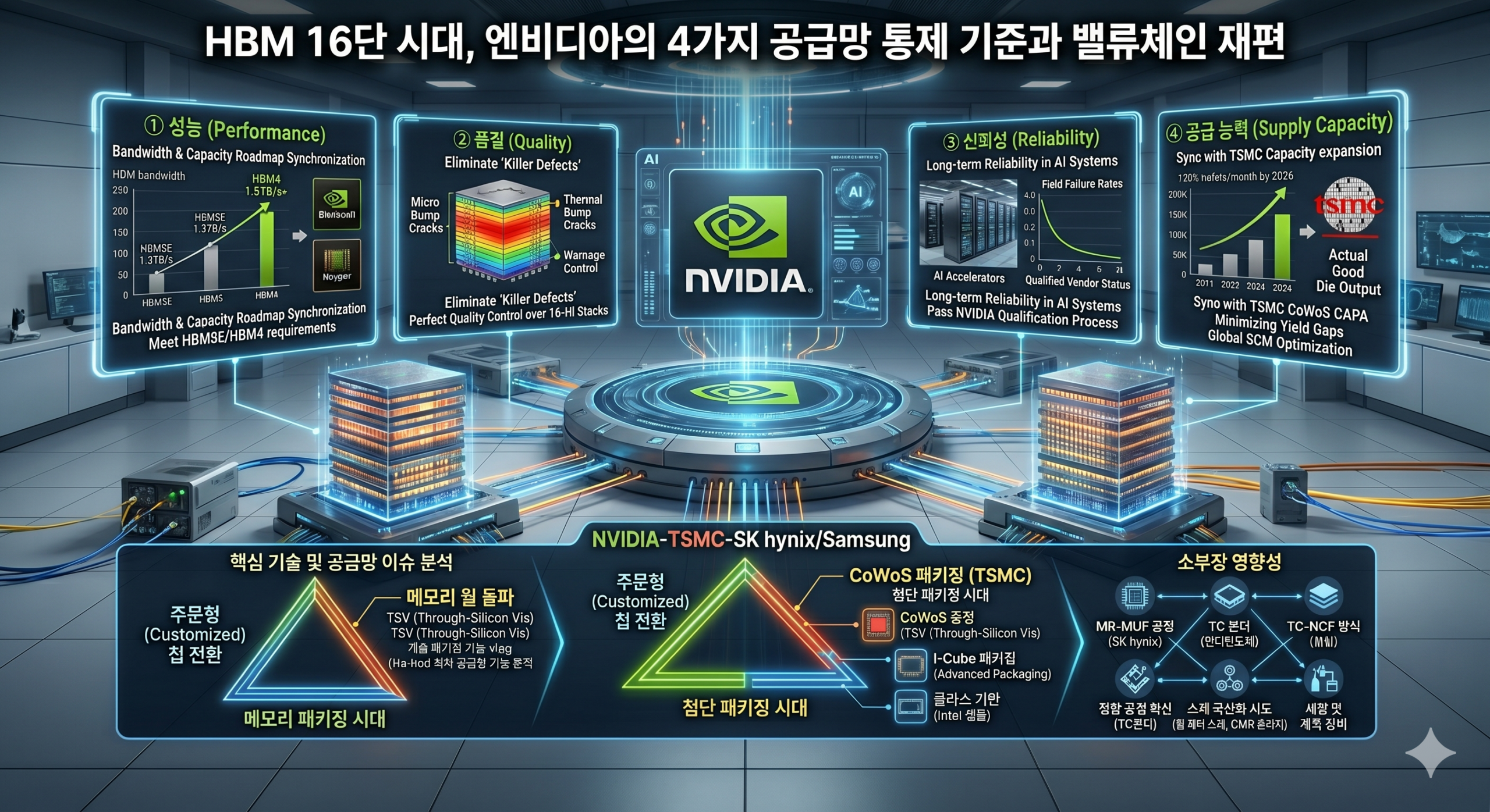 고대역폭메모리(HBM) 칩 스택이 GPU와 연결된 모습으로, AI 및 고성능 컴퓨팅을 위한 첨단 반도체 기술의 복잡한 구조와 중요성을 보여줍니다.