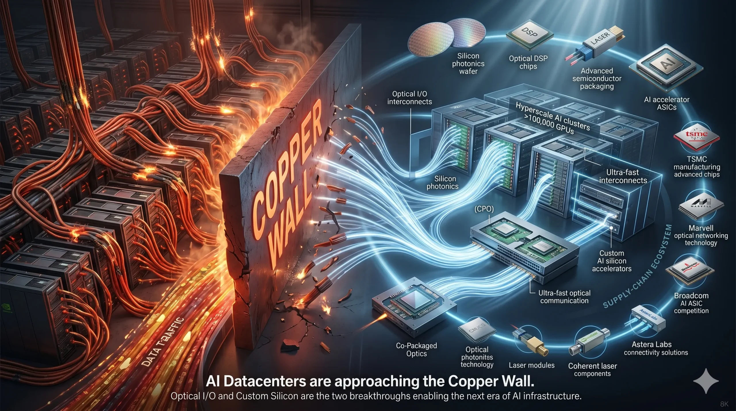포커스 키워드 AI 데이터센터의 구리 인터커넥트 한계인 구리 장벽(Copper Wall) 위기를 시각화하고, 이를 돌파할 광학 I/O 및 맞춤형 실리콘 아키텍처로의 전환을 보여주는 기술 인포그래픽 이미지